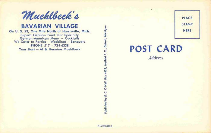 Alcona Brew Haus (Muehlbecks Bavarian Village) - Old Postcard Back (newer photo)